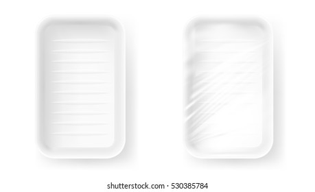 Transparent Stretch Film Covered White Empty Disposable Plastic Food Container. EPS10 Vector