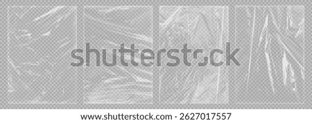 Transparent stretch plastic wrap with overlay texture effect. Realistic wrinkled polyethylene bag, cellophane cover, food plastic film warp or torn foil paper background for packaging business mockup.
