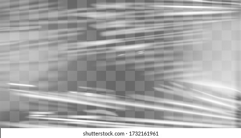 Transparent stretch plastic wrap texture. Realistic polyethylene wrapping stretch film background. Vector transparent cellophane package mockup