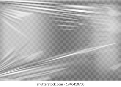 Transparent stretch plastic wrap texture. Realistic polyethylene wrapping stretch film background. Vector transparent cellophane package mockup - Shutterstock ID 1740410705