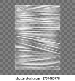 Transparent stretch plastic wrap texture. Realistic polyethylene wrapping stretch film background. Vector transparent cellophane package mockup