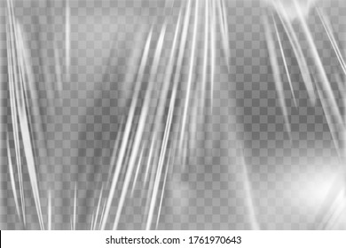 Transparent stretch plastic wrap texture. Realistic polyethylene wrapping stretch film background. Vector transparent cellophane package mockup