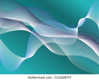 Transparent striped and mesh wavy elements on a turquoise illuminated background. Abstract wavy 3d background. Vector illustration.