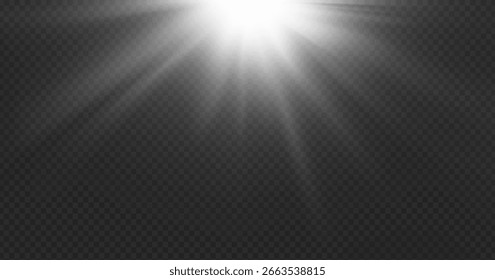 Sobreposição de sol transparente com raios de luz e efeitos brilhantes. Clarões de lentes brilhantes ou estouros abstratos para projetos de verão. O nascer do sol dourado brilha para os gráficos.