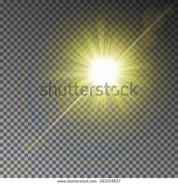 透明な太陽光効果 黄色い光のベクター画像 きらめく日の出 グローフレア 魔法の指輪の上に光る暖かい星 リアルなイラスト のベクター画像素材 ロイヤリティフリー