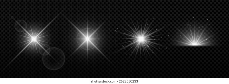 Transparent sunlight lens flare with glowing burst, sparkles and radial rays. Bright abstract light effect on dark or gradient background. Vector illustration set for poster, sky or magic design theme