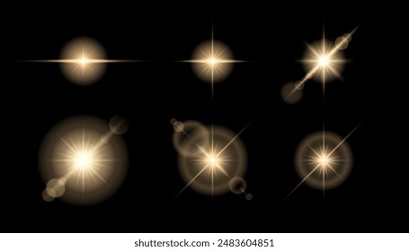 Efecto especial de luz solar transparente establecido sobre fondo negro. Luz de destello de lente de Vector, destello de rayos solares, ráfaga de estrella de resplandor cálido, colección brillante de resplandor solar.