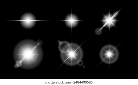 Efecto especial de luz solar transparente establecido sobre fondo negro. Luz de destello de lente de Vector, destello de rayos solares, ráfaga de estrella de resplandor blanco, colección brillante de resplandor solar.