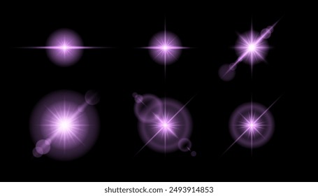 Transparent sunlight special effect set on black background. Vector lens flare light, sun rays flash, pink glow star burst, shiny sun glare collection.
