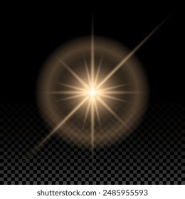 Transparent sunlight special effect. Vector lens flare light, sun rays flash, warm glow star burst, shiny sun glare on dark background.