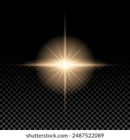 Efecto especial de luz solar transparente. Luz de destello de lente de Vector, destello de rayos solares amarillos, ráfaga de estrella de resplandor cálido, resplandor solar brillante sobre fondo oscuro.