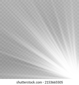 Transparent sunlight special lens flare light effect. Set of flashes, lights and sparkles. Glowing star burst explosion. Realistic sunrise lighting. Flash white sun rays. Sunshine, starburst. Vector.