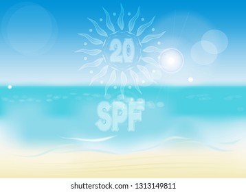 transparent symbol in the form of sun SPF 20 on the background of summer sea beach