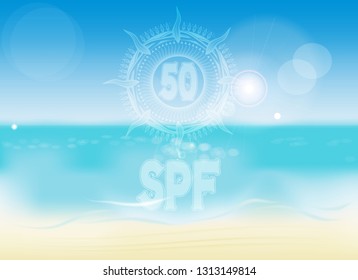 transparent symbol in the form of sun SPF 50 on the background of summer sea beach