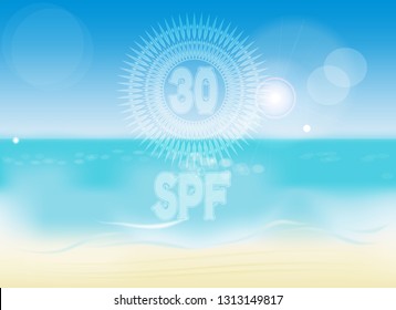 transparent symbol in the form of sun SPF 30 on the background of the summer sea beach