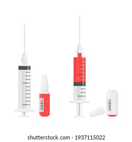 Transparent Syringe And Ampoule Vector Icon With Red Vaccine Or Laboratory Blood, Medicine Vial. Inject Needle Or Donor Concept. Medical Bottle And Empty, Filled Syringes Isolated. Health Illustration