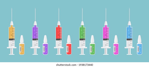 Transparent syringe and ampoule vector icon with colorful vaccine, medicine vial. Inject needle concept. Medical bottle and syringes on blue background. Health illustration