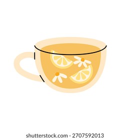Transparent tea cup with lemon slices, chamomile flowers and warm herbal drink