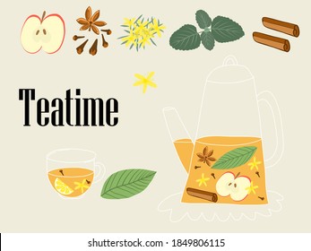 Ein transparenter Teekopf und eine Tasse duftenden Fruchtkräutertee.
Vektorgrafik für ein Kochbuch oder Menü.
Ein gesundes Getränk mit Apfel, Minze, Zimt, Sternanis im flachen Stil. Gemütliches Konzept