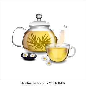 Transparent teapot and a cup of green tea.