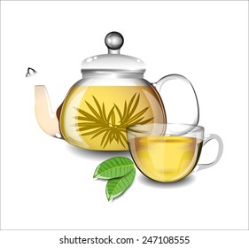 Transparent teapot and a cup of green tea.