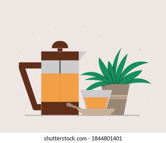 Transparent teapot and cup of tea, home plant in a pot. Wholesome breakfast.