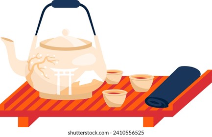 Transparent teapot with cups on a red tray, Asian tea ceremony. Tabletop with a decorative tea set, traditional drink concept vector illustration.