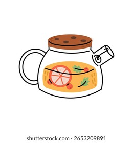 Transparent teapot with fruit tea. Autumn cozy illustration. Flat vector illustration isolated on white background.