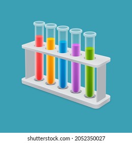 Tubos de ensayo transparentes con líquido en varios colores en el soporte. Juego de iconos de equipos de laboratorio 3D.