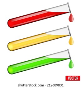 Transparent test tubes with vaccine colored liquids. Vector illustration. Isolated on white background
