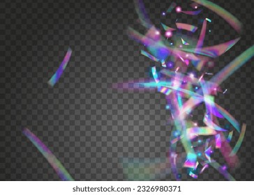 Transparent Texture. Disco Element. Festive Foil. Retro Abstract Decoration. Purple Shiny Confetti. Fantasy Art. Rainbow Glitter. Holographic Effect. Blue Transparent Texture