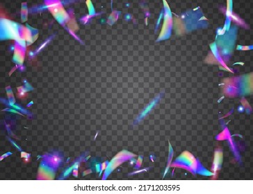 Transparente Textur. Disco-Element. Einhornkunst. Glitchhintergrund. Lila-Laserfunken. Fantasy Foil. Hologram Tinsel. Retro Abstraktes Sonnenlicht. Blaues transparentes Textur