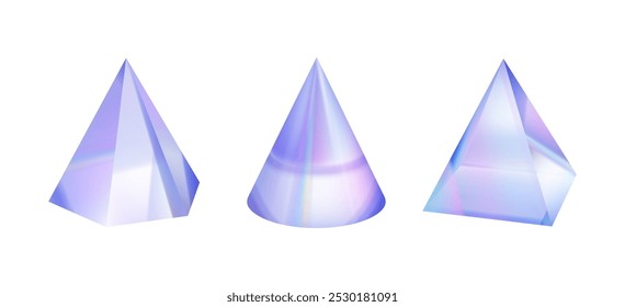 Transparent triangles 3D glass holographic objects. Vector isolated set of gradient figures, holographic background illustration. Creative geometry shapes, trendy hologram isolated on white