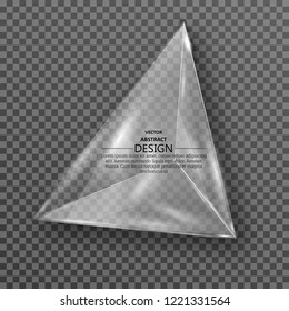 Transparent triangular crystal. A glass form on the isolated background with a shadow. An element for design. Template. Vector illustration.