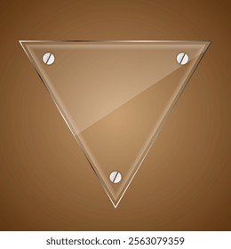  Transparent triangular glass panel with three metal screws on a brown gradient background. Suitable for interfaces, signage and decorative elements. Vector illustration.