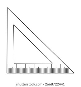 Transparent triangular ruler with metric measurements on white background.