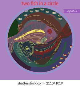 Transparent two fish on a colorful gradient  background with text in a frame. Card handmade.
