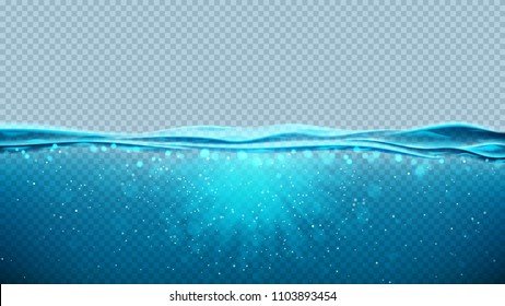 Transparent underwater blue ocean background  Vector illustration and deep underwater sea scene  Banner and with horizon water surface 