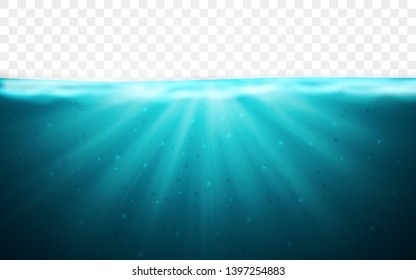 Transparent underwater blue ocean background. Horizon water surface. Vector illustration