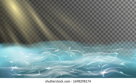 Transparent underwater blue ocean background. Vector illustration with deep underwater sea scene. Banner with with horizon water surface.