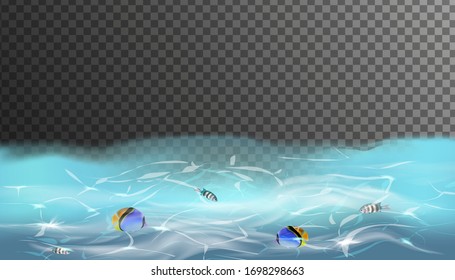 Transparent underwater blue ocean background with sea fish. Vector illustration with a deep sea scene. Banner with the horizon of the water surface.