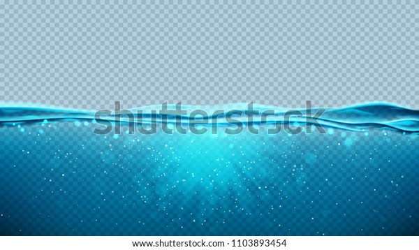 透明的水下蓝色海洋背景 带有深海水下海景的矢量插图 横幅与地平线水面 库存矢量图 免版税