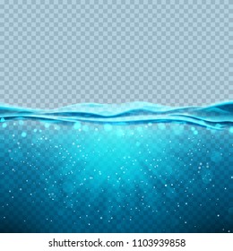 Transparent underwater blue ocean banner. Vector illustration with deep underwater sea scene. Background with with horizon water surface.