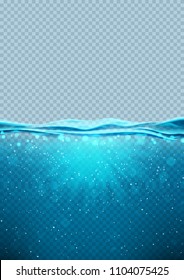 Transparent underwater blue ocean vertical banner. Vector illustration with deep underwater sea scene. Background with with horizon water surface.