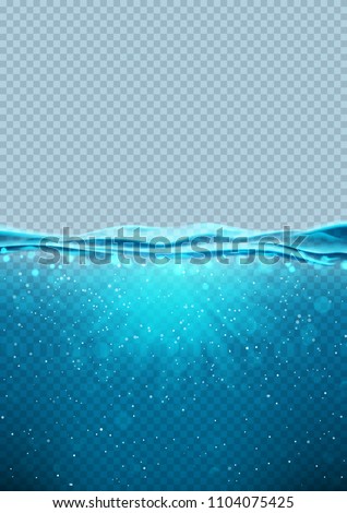 Transparent underwater blue ocean vertical banner. Vector illustration with deep underwater sea scene. Background with with horizon water surface.
