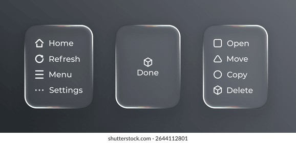 Transparent user interface design elements with glass effect on dark background. Modern glassy buttons with icons and text for web or app.