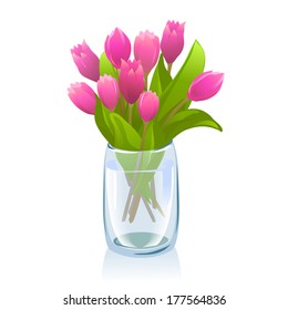 transparent vase with tulips. vector illustration