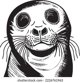 Transparent vector animal illustration of the cutest seal, black and white