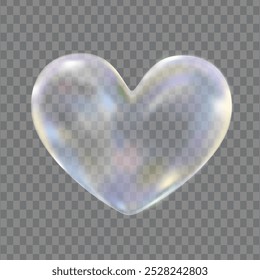 Transparent vector Bubble Heart, 3D Soap love isolated shape. Water Drop. Realistic Liquid Heart shape refraction soap bubble. Foam bubbles png simbol. Colorful multicolored bubble heart