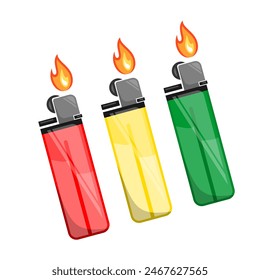 Transparent Vector Gas Lighter with Flaming Ignition. Contemporary Lighter Graphic with Transparent Background for Icons, Symbols, Designs and Ideas. Premium Vector Illustration of a Lit Gas Lighter.